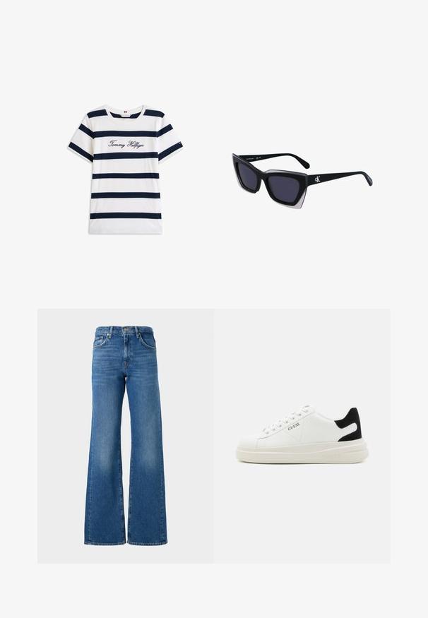 Koftet laget av bomull har horisontale marineblå striper på hvit bakgrunn. "Tommy Hilfiger" brodert i kursiv på brystet. Rund hals.; Bredde ben blå jeans med en falmet finish, laget av denim, med et klassisk fem-lommers design og messingknapp-lukking i livet.; Hvite lær sneakers med tykk hvit såle, svart semsket hælforsterkning og preget logo på siden. Snøresystem med seks hull.; Store svarte solbriller i overdimensjonert størrelse med geometrisk form, med mørke linser og en kontrasterende grå detalj på rammen. Logo på armen.