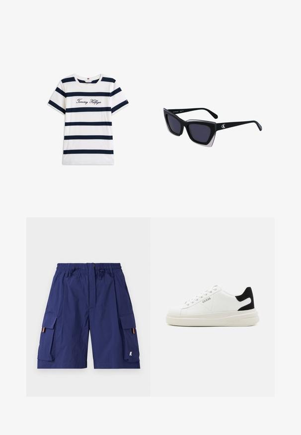 Baumwoll-T-Shirt mit horizontalen navy-blauen Streifen auf weißem Hintergrund. "Tommy Hilfiger" in Kursivschrift auf der Brust gestickt. Runder Halsausschnitt.; Marineblaue Cargo-Shorts mit elastischem Bund, Kordelzug, mehreren Seitentaschen und orangefarbenen Akzenten an den Öffnungen der Seitentaschen.; Weiße Leder-Sneaker mit einer dicken weißen Sohle, schwarzem Wildlederakzent an der Ferse und geprägtem Logo an der Seite. Schnürdesign mit sechs Ösen.; Schwarze übergroße Sonnenbrille mit geometrischer Form, ausgestattet mit dunklen Gläsern und einem kontrastierenden grauen Detail im Rahmen. Logo am Bügel.