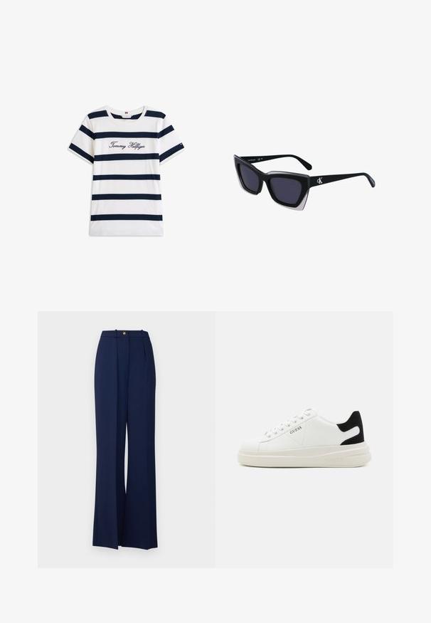 Pamučna majica s horizontalnim tamnoplave pruge na bijeloj pozadini. "Tommy Hilfiger" izvezeno kurzivom na prsima. Okrugli izrez.; Elisabetta Franchi PANT - Hlače - navy; Bijele kožne tenisice s debelim bijelim potplatom, crnim zamšastim akcentom na peti i ugraviranim logom sa strane. Dizajn s vezicama i šest rupa za vezivanje.; Crne oversize sunčane naočale geometrijskog oblika, s tamnim staklima i kontrastnom sivom dekoracijom na okviru. Logo na dršci.; Srebro naušnice u obliku prstena s glatkom, sjajnom završnom obradom. Zaobljenog oblika, laganog dizajna, s kopčom na poleđini.
