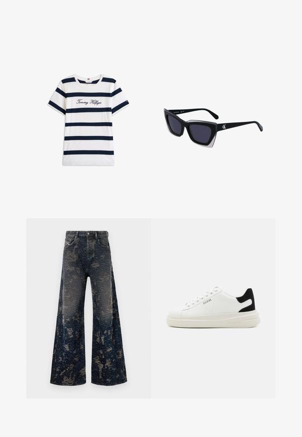 Koftet laget av bomull har horisontale marineblå striper på hvit bakgrunn. "Tommy Hilfiger" brodert i kursiv på brystet. Rund hals.; Mørkeblå vide jeans med et slidte, syrevaske tekstur og klassisk fem-lomme-design.; Hvite lær sneakers med tykk hvit såle, svart semsket hælforsterkning og preget logo på siden. Snøresystem med seks hull.; Store svarte solbriller i overdimensjonert størrelse med geometrisk form, med mørke linser og en kontrasterende grå detalj på rammen. Logo på armen.