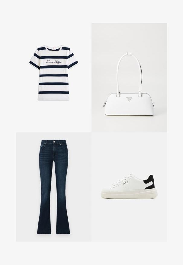 Baumwoll-T-Shirt mit horizontalen navy-blauen Streifen auf weißem Hintergrund. "Tommy Hilfiger" in Kursivschrift auf der Brust gestickt. Runder Halsausschnitt.; Dunkelblaue, aus Denim gefertigte ausgestellte Jeans mit klassischem Fünf-Taschen-Design, Metallknopfverschluss und leichtem Used-Look an den Hüften.; Weiße Leder-Sneaker mit einer dicken weißen Sohle, schwarzem Wildlederakzent an der Ferse und geprägtem Logo an der Seite. Schnürdesign mit sechs Ösen.; Weiße Lederhandtasche mit geschwungener Form, versehen mit einem silbernen dreieckigen Logo und einem Reißverschluss. Glatte Textur und zwei Griffe.