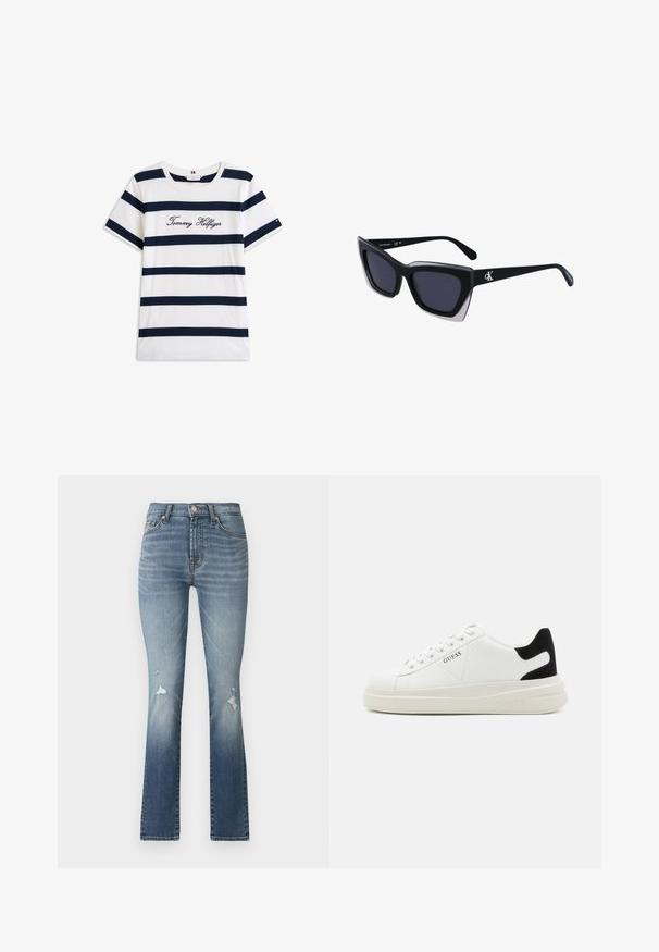 Pamučna majica s horizontalnim tamnoplave pruge na bijeloj pozadini. "Tommy Hilfiger" izvezeno kurzivom na prsima. Okrugli izrez.; Svijetloplave traperice s naširokim nogavicama i visokim strukom, s dva prednja džepa i iščupanim detaljima na bedrima.; Bijele kožne tenisice s debelim bijelim potplatom, crnim zamšastim akcentom na peti i ugraviranim logom sa strane. Dizajn s vezicama i šest rupa za vezivanje.; Crne oversize sunčane naočale geometrijskog oblika, s tamnim staklima i kontrastnom sivom dekoracijom na okviru. Logo na dršci.