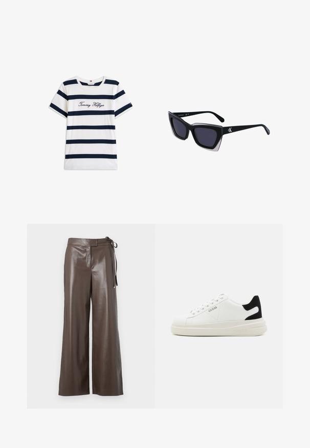 Bombažna majica s horizontalnimi mornarsko modrimi črtami na belem ozadju. "Tommy Hilfiger" izvezeno v kurzivni pisavi na prsih. Okrugli izrez.; Rjave široke hlače iz umetnega usnja z visokim pasom in stranskim zavezovanjem na belem ozadju.; Bele usnjene športne copate z debelim belim podplatom, črnimi semišnimi detajli na peti in utisnjenim logotipom na strani. Zavezovanje s šestimi luknjicami.; Črne prevelike sončne očala geometrijske oblike, z temnimi lečami in kontrastno sivo podrobnostjo na okvirju. Logo na ročaju.