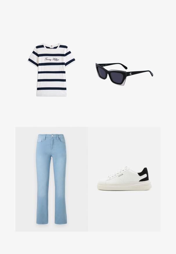 T-shirt in cotone con righe orizzontali blu navy su sfondo bianco. "Tommy Hilfiger" ricamato in corsivo sul petto. Collo a giro.; Jeans a zampa d'elefante azzurro chiaro in denim, con vita alta, design a cinque tasche e chiusura con bottone davanti. Texture liscia in tutto.; Sneaker bianchi in pelle con suola spessa bianca, accento in suede nero sul tallone e logo impresso sul lato. Design con lacci e sei fori per i lacci.; Occhiali da sole oversize neri dalla forma geometrica, con lenti scure e un dettaglio grigio a contrasto sulla montatura. Logo sul braccio.