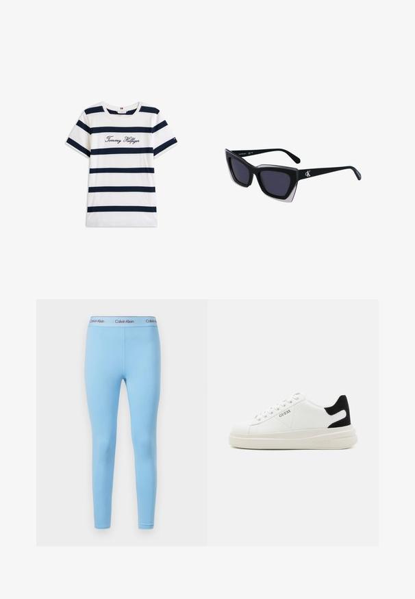 Baltos medvilninės marškinėliai su horizontaliomis tamsiai mėlynomis juostelėmis. Ant krūtinės išsiuvinėtas „Tommy Hilfiger“ rašmuo. Apvalus iškirpimas.; Mėlynos legging kelnes, pagamintas iš lygaus, elastingo audinio, su vientisa spalva ir juosmeniu, ant kurio kontrastingomis spalvomis parašyta "Calvin Klein".; Baltos odinės sportbačiai su storu baltu padu, juodu nubuko kulno akcentu ir iškilmingu logotipu šone. Su raišteliais, turinčiais šešis akinius.; Juodos didelės saulės akinių su geometrine forma, turinčiais tamsius objektyvus ir kontrastingą pilką detalę ant rėmelio. Logotipas ant šalon.