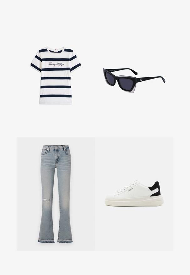 Camiseta de algodón con rayas horizontales azul marino sobre un fondo blanco. "Tommy Hilfiger" bordado en cursiva en el pecho. Escote de tipo crew.; Jeans acampanados de color azul claro con una rodilla desgastada, cinco bolsillos y un dobladillo deshilachado. Fabricados con tela de mezclilla, cuentan con una cinturilla de altura media.; Zapatillas blancas de cuero con una suela blanca gruesa, acento en el talón de ante negro y logo grabado en el lateral. Diseño de cordones con seis ojales.; Gafas de sol negras de gran tamaño con una forma geométrica, que presentan lentes oscuros y un detalle gris contrastante en la montura. Logo en la pata.