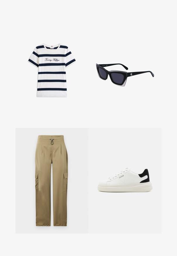 Tricou din bumbac cu dungi orizontale bleumarin pe un fundal alb. "Tommy Hilfiger" brodat în stil cursiv pe piept. Decolteu rotund.; Pantaloni cargo kaki, cu o croială slim, având talie cu șnur, două buzunare laterale și material texturat pentru durabilitate.; Adidași din piele albă cu o talpă groasă albă, accent de călcâi din suede negru și logo embosat pe lateral. Design cu șireturi și șase orificii.; Ochelari de soare supradimensionați, negri, cu o formă geometrică, având lentile întunecate și un detaliu gri contrastant pe ramă. Logo pe braț.