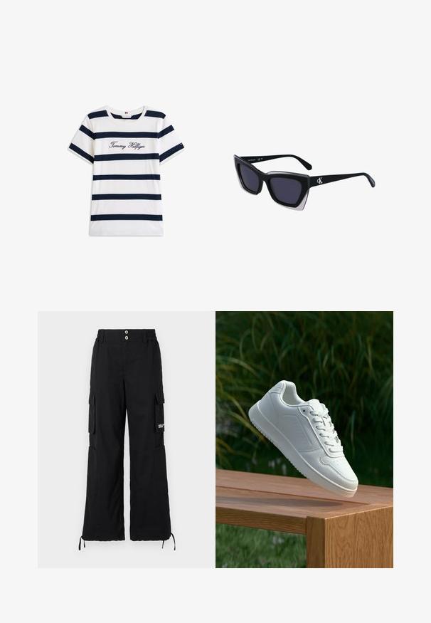 T-shirt i bomull med horisontella marinblå ränder på vit bakgrund. "Tommy Hilfiger" broderat i kursiv på bröstet. Rund halsringning.; Svarta cargobyxor med avslappnad passform, som har flera sidofickor, elastisk midja och justerbara dragsnören vid nederkanten.; Vita sneakers med en slät syntetisk ovandel, perforerat tåparti, platta snören och en strukturerad sula, placerade på en träyta.; Svart överdimensionerade solglasögon med geometrisk form, med mörka linser och en kontrasterande grå detalj på ramen. Logotyp på bygeln.