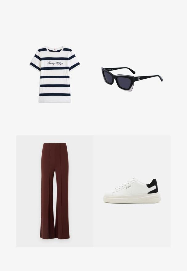 Baumwoll-T-Shirt mit horizontalen navy-blauen Streifen auf weißem Hintergrund. "Tommy Hilfiger" in Kursivschrift auf der Brust gestickt. Runder Halsausschnitt.; Braune weit geschnittene Hose mit hoher Taille, aus einem glatten Stoff, der an der Vorderseite über vertikale Nähte und einen sauber verarbeiteten Saum verfügt.; Weiße Leder-Sneaker mit einer dicken weißen Sohle, schwarzem Wildlederakzent an der Ferse und geprägtem Logo an der Seite. Schnürdesign mit sechs Ösen.; Schwarze übergroße Sonnenbrille mit geometrischer Form, ausgestattet mit dunklen Gläsern und einem kontrastierenden grauen Detail im Rahmen. Logo am Bügel.