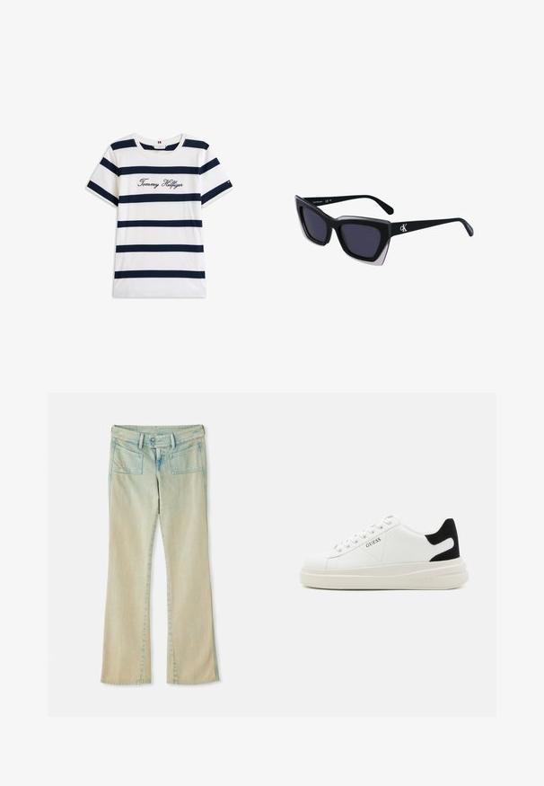T-shirt en coton avec des rayures horizontales bleu marine sur un fond blanc. "Tommy Hilfiger" brodé en écriture cursive sur la poitrine. Encolure ras du cou.; Jean flare en denim bleu clair avec une finition délavée, présentant des passants de ceinture, deux poches avant et deux poches arrière avec des accents de couture.; Baskets en cuir blanc avec une épaisse semelle blanche, un accent en daim noir au niveau du talon et un logo embossé sur le côté. Design à lacets avec six œillets.; Lunettes de soleil noires surdimensionnées avec une forme géométrique, dotées de verres foncés et d'un détail gris contrastant sur la monture. Logo sur la branche.