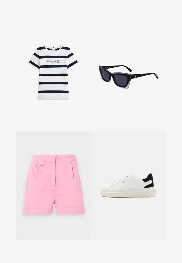 Bavlněné tričko s horizontálními námořnickými pruhy na bílém pozadí. Na hrudi je výšivka "Tommy Hilfiger" v kurzívě. Kulatý výstřih.; Růžové bavlněné šortky s hladkým předním dílem, jemnými přehyby a jedním knoflíkem na pase. Složený lem u nohavic.; Bílé kožené tenisky s tlustou bílou podrážkou, černým semišovým akcentem na patě a vyraženým logem na boku. Šněrovací design se šesti očka.; Černé oversized sluneční brýle geometrického tvaru, s tmavými skly a kontrastním šedým detailem na rámu. Logo na rameni.