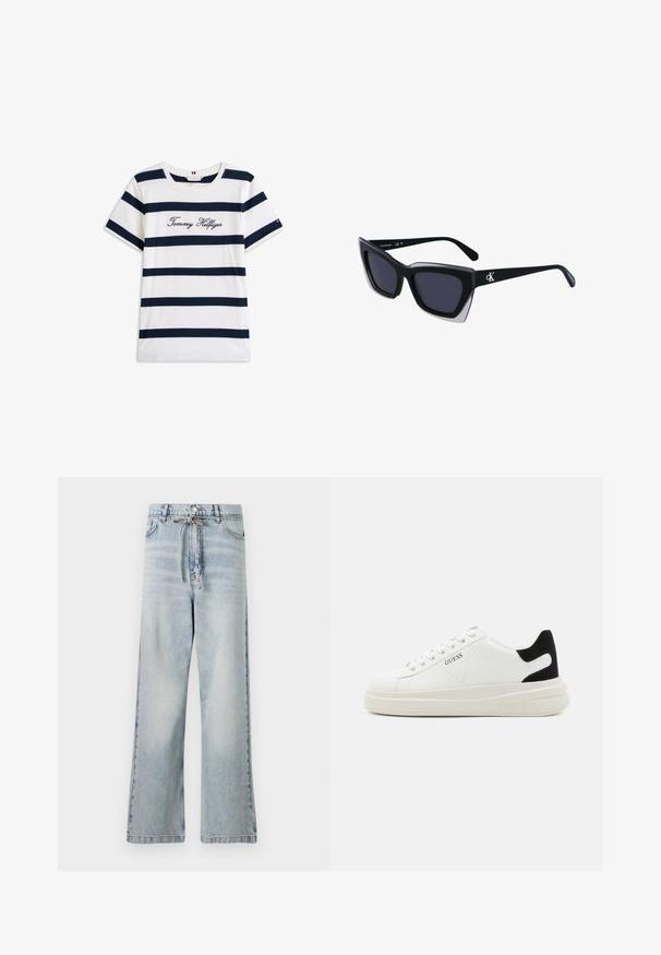 Tricou din bumbac cu dungi orizontale bleumarin pe un fundal alb. "Tommy Hilfiger" brodat în stil cursiv pe piept. Decolteu rotund.; Jeans de denim de culoare albastră deschisă, cu croială largă, talie înaltă, buzunare frontale și un detaliu cu șnur la talie. Textură uzată.; Adidași din piele albă cu o talpă groasă albă, accent de călcâi din suede negru și logo embosat pe lateral. Design cu șireturi și șase orificii.; Ochelari de soare supradimensionați, negri, cu o formă geometrică, având lentile întunecate și un detaliu gri contrastant pe ramă. Logo pe braț.