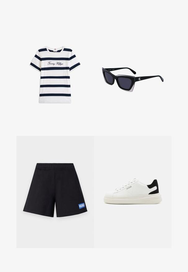 Koftet laget av bomull har horisontale marineblå striper på hvit bakgrunn. "Tommy Hilfiger" brodert i kursiv på brystet. Rund hals.; Sorte shorts med en avslappet passform, elastisk midje og blå "HUGO"-logo på venstre lår; laget av mykt, pustende materiale.; Hvite lær sneakers med tykk hvit såle, svart semsket hælforsterkning og preget logo på siden. Snøresystem med seks hull.; Store svarte solbriller i overdimensjonert størrelse med geometrisk form, med mørke linser og en kontrasterende grå detalj på rammen. Logo på armen.