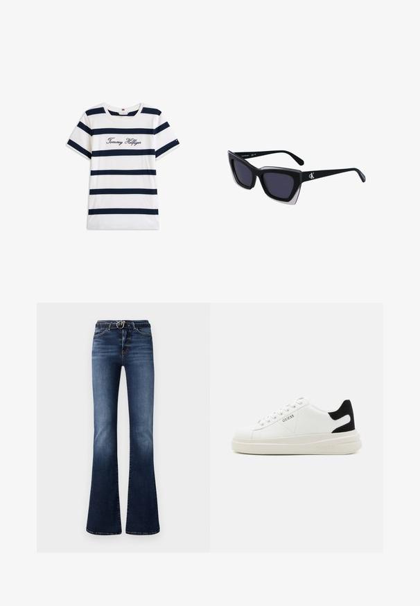 Pamučna majica s horizontalnim tamnoplave pruge na bijeloj pozadini. "Tommy Hilfiger" izvezeno kurzivom na prsima. Okrugli izrez.; Tamno plave traperice širokog kroja s izblijeđenom teksturom, visokog struka, srebrnim dodatkom na petljama za pojas i prednjim džepovima.; Bijele kožne tenisice s debelim bijelim potplatom, crnim zamšastim akcentom na peti i ugraviranim logom sa strane. Dizajn s vezicama i šest rupa za vezivanje.; Crne oversize sunčane naočale geometrijskog oblika, s tamnim staklima i kontrastnom sivom dekoracijom na okviru. Logo na dršci.