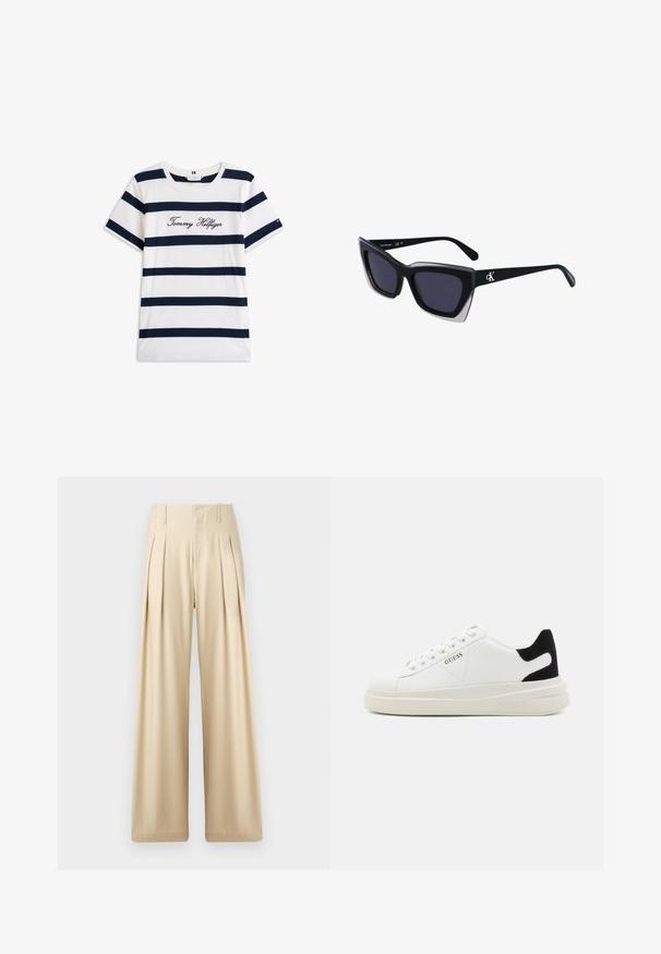 Puuvillane T-särk horisontaalsete tumesiniste triipudega valgel taustal. Rinnal on kiri "Tommy Hilfiger" kantud kursiivis. Ümmargune kaelus.; Beežid laiad püksid, valmistatud siledast kangast. Omavad teravaid voldikuid, kõrget vööd ja peeneid õmbluse detaile, et saavutada kohandatud välimus.; Valged nahast tennisetossud paksu valge tallaga, musta sametist kontsakeeuga ja külje peal riigilogo reljeefne kujundus. Lukkeskeem kuue silmaauguga.; Mustad suured mustad prillid geomeetrilise kujuga, tumedate läätsedega ja kontrastse halli detailiga raamidel. Logo käe peal.; Hõbedased rõngaskõrvarõngad, millel on sile ja läikiv pind. Ümar kuju, kerge disain, millel on post-tagumise kinnituse süsteem.