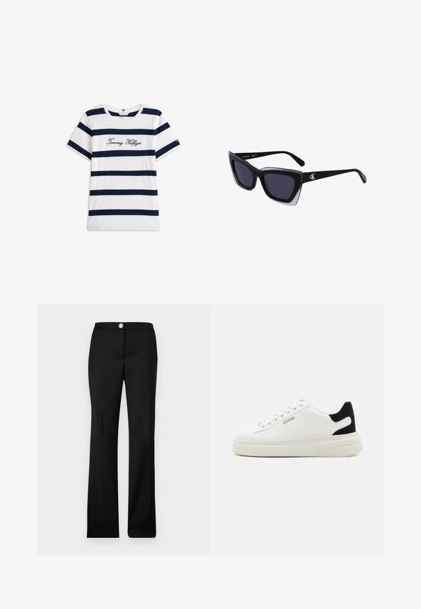Cotton T-shirt with horizontal navy stripes on a white background. "Tommy Hilfiger" embroidered in cursive on the chest. Crew neckline.; Black tailored trousers featuring a subtle geometric pattern, straight-leg design, and a front button closure with a metallic accent.; White leather sneakers with a thick white sole, black suede heel accent, and embossed logo on the side. Laced design with six eyelets.; Black oversized sunglasses with a geometric shape, featuring dark lenses and a contrasting grey detail on the frame. Logo on the arm.; Silver hoop earrings with a smooth, shiny surface, featuring a curved shape and post-back closure. Minimalist design with a modern finish.