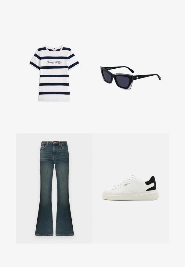 Camiseta de algodón con rayas horizontales azul marino sobre un fondo blanco. "Tommy Hilfiger" bordado en cursiva en el pecho. Escote de tipo crew.; Vaqueros de campana en azul oscuro con un ligero desgastado sutil, cintura estándar y un clásico diseño de cinco bolsillos. Acentos en tono cobre.; Zapatillas blancas de cuero con una suela blanca gruesa, acento en el talón de ante negro y logo grabado en el lateral. Diseño de cordones con seis ojales.; Gafas de sol negras de gran tamaño con una forma geométrica, que presentan lentes oscuros y un detalle gris contrastante en la montura. Logo en la pata.