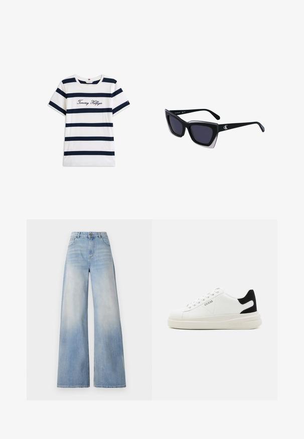 Katoenen T-shirt met horizontale marineblauwe strepen op een witte achtergrond. "Tommy Hilfiger" geborduurd in cursieve letters op de borst. Ronde hals.; Lichtblauwe wijde jeans van denim, met een hoge taille, vervaging aan de voorkant en een klassieke vijf-pocketontwerp met een knoopsluiting.; Witte leren sneakers met een dikke witte zool, zwarte suède hielaccent en een geperst logo op de zijkant. Vetersluiting met zes oogjes.; Zwarte oversized zonnebril met een geometrische vorm, voorzien van donkere glazen en een contrasterend grijs detail op het montuur. Logo op de arm.