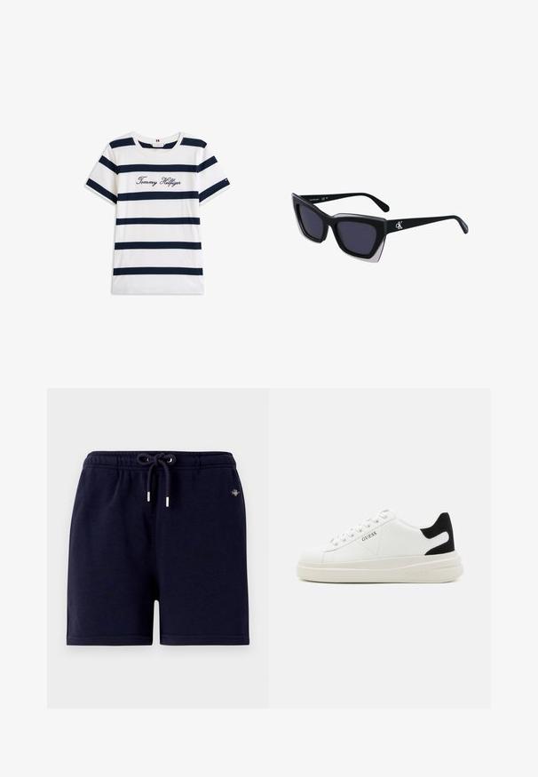 T-shirt en coton avec des rayures horizontales bleu marine sur un fond blanc. "Tommy Hilfiger" brodé en écriture cursive sur la poitrine. Encolure ras du cou.; Shorts en coton bleu marine avec une taille élastique, cordons de serrage et détails en métal argenté. Design simple, sans motifs visibles.; Baskets en cuir blanc avec une épaisse semelle blanche, un accent en daim noir au niveau du talon et un logo embossé sur le côté. Design à lacets avec six œillets.; Lunettes de soleil noires surdimensionnées avec une forme géométrique, dotées de verres foncés et d'un détail gris contrastant sur la monture. Logo sur la branche.