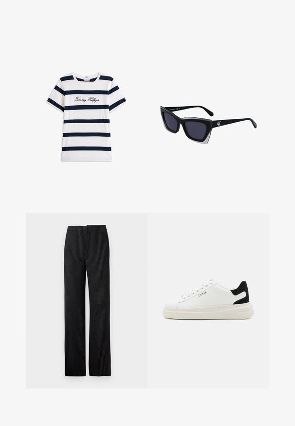 Bavlněné tričko s horizontálními námořnickými pruhy na bílém pozadí. Na hrudi je výšivka "Tommy Hilfiger" v kurzívě. Kulatý výstřih.; Černé pruhované kalhoty s rovným střihem, jež mají hladkou texturu a pás, vhodné pro formální nebo obchodní oblečení.; Bílé kožené tenisky s tlustou bílou podrážkou, černým semišovým akcentem na patě a vyraženým logem na boku. Šněrovací design se šesti očka.; Černé oversized sluneční brýle geometrického tvaru, s tmavými skly a kontrastním šedým detailem na rámu. Logo na rameni.