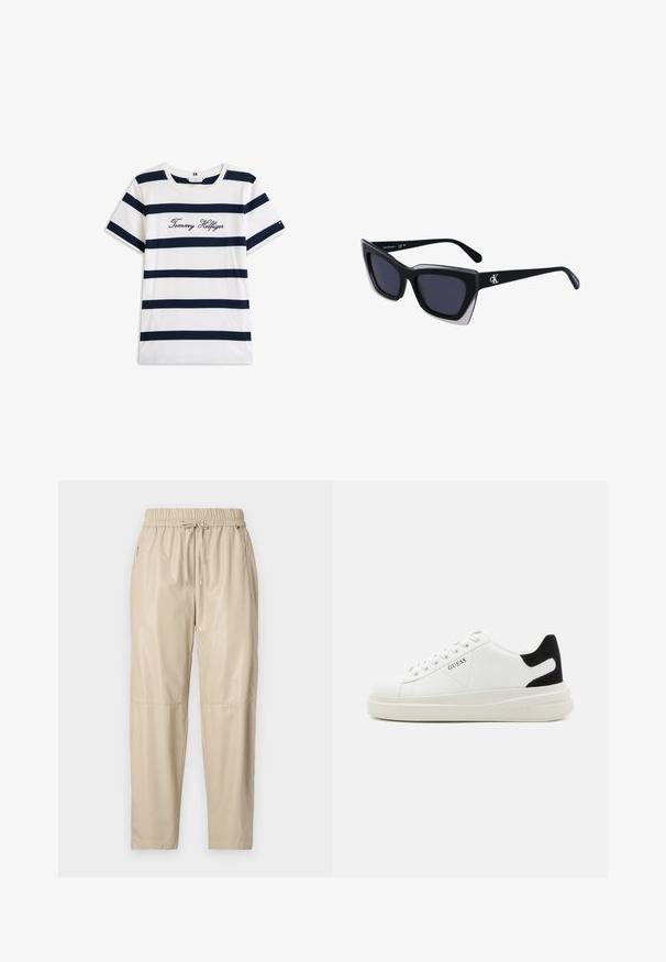 Puuvillane T-särk horisontaalsete tumesiniste triipudega valgel taustal. Rinnal on kiri "Tommy Hilfiger" kantud kursiivis. Ümmargune kaelus.; Bežid jogger püksid, mis on valmistatud läikivast ja siledast materjalist. Omavad elastset vöökohta koos paelaga, külgi taskute ja kitsenevaid põlvi.; Valged nahast tennisetossud paksu valge tallaga, musta sametist kontsakeeuga ja külje peal riigilogo reljeefne kujundus. Lukkeskeem kuue silmaauguga.; Mustad suured mustad prillid geomeetrilise kujuga, tumedate läätsedega ja kontrastse halli detailiga raamidel. Logo käe peal.