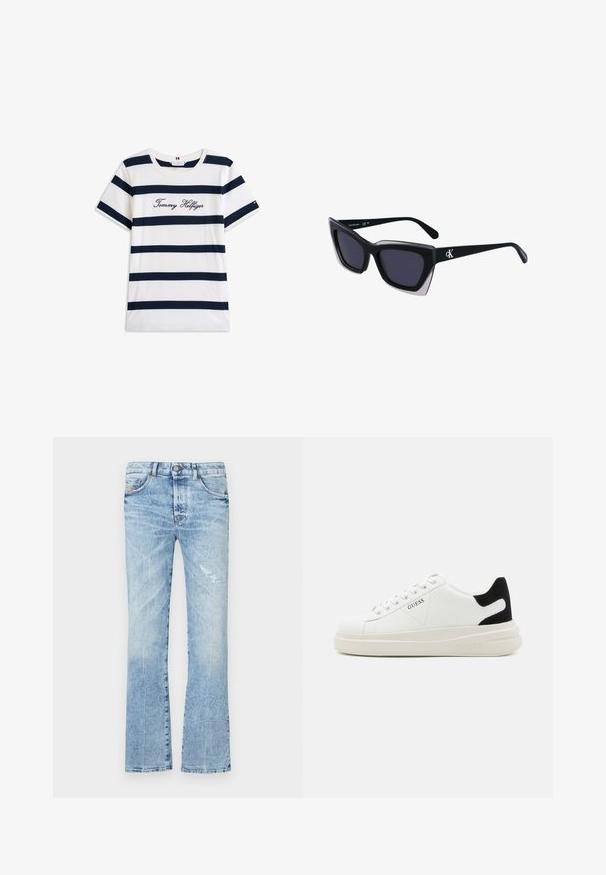 Camiseta de algodón con rayas horizontales azul marino sobre un fondo blanco. "Tommy Hilfiger" bordado en cursiva en el pecho. Escote de tipo crew.; Vaqueros acampanados de color azul claro, confeccionados en denim. Presentan un lavado desgastado, un parche desgastado, cinco bolsillos y un cierre de botón en la cintura.; Zapatillas blancas de cuero con una suela blanca gruesa, acento en el talón de ante negro y logo grabado en el lateral. Diseño de cordones con seis ojales.; Gafas de sol negras de gran tamaño con una forma geométrica, que presentan lentes oscuros y un detalle gris contrastante en la montura. Logo en la pata.