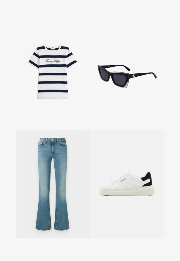 Katoenen T-shirt met horizontale marineblauwe strepen op een witte achtergrond. "Tommy Hilfiger" geborduurd in cursieve letters op de borst. Ronde hals.; Uitlopende blauwe denim jeans met een lichte wassing, vijf zakken, gestikte details en een tailleband met een knoop en rits sluiting.; Witte leren sneakers met een dikke witte zool, zwarte suède hielaccent en een geperst logo op de zijkant. Vetersluiting met zes oogjes.; Zwarte oversized zonnebril met een geometrische vorm, voorzien van donkere glazen en een contrasterend grijs detail op het montuur. Logo op de arm.