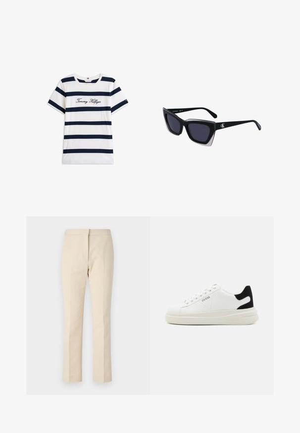 Baltos medvilninės marškinėliai su horizontaliomis tamsiai mėlynomis juostelėmis. Ant krūtinės išsiuvinėtas „Tommy Hilfiger“ rašmuo. Apvalus iškirpimas.; Smėliniai kelnes, pagamintos iš lygaus audinio su tiesia siluetu. Savybės: plokščia priekinė dalis, diržo kilpos ir matomų kišenių nėra.; Baltos odinės sportbačiai su storu baltu padu, juodu nubuko kulno akcentu ir iškilmingu logotipu šone. Su raišteliais, turinčiais šešis akinius.; Juodos didelės saulės akinių su geometrine forma, turinčiais tamsius objektyvus ir kontrastingą pilką detalę ant rėmelio. Logotipas ant šalon.