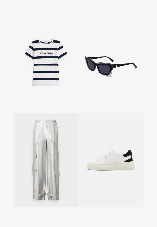 Baumwoll-T-Shirt mit horizontalen navy-blauen Streifen auf weißem Hintergrund. "Tommy Hilfiger" in Kursivschrift auf der Brust gestickt. Runder Halsausschnitt.; Silberne Cargo-Hose mit metallischem Glanz, ausgestattet mit zwei Seitentaschen, einem Knopfverschluss und umgeschlagenen Manschetten für zusätzliche Details.; Weiße Leder-Sneaker mit einer dicken weißen Sohle, schwarzem Wildlederakzent an der Ferse und geprägtem Logo an der Seite. Schnürdesign mit sechs Ösen.; Schwarze übergroße Sonnenbrille mit geometrischer Form, ausgestattet mit dunklen Gläsern und einem kontrastierenden grauen Detail im Rahmen. Logo am Bügel.