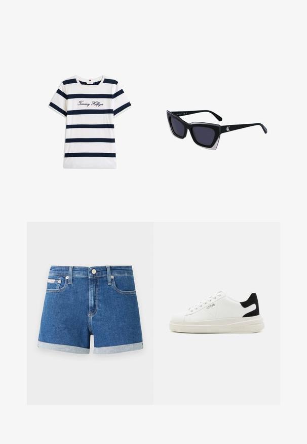 Baltos medvilninės marškinėliai su horizontaliomis tamsiai mėlynomis juostelėmis. Ant krūtinės išsiuvinėtas „Tommy Hilfiger“ rašmuo. Apvalus iškirpimas.; Tamsiai mėlyni džinsiniai šortai su susuktais kraštais. Turi mygtukų užsegimą ir priekines kišenes. Lygus paviršius su subtiliomis siuvimo detalėmis.; Baltos odinės sportbačiai su storu baltu padu, juodu nubuko kulno akcentu ir iškilmingu logotipu šone. Su raišteliais, turinčiais šešis akinius.; Juodos didelės saulės akinių su geometrine forma, turinčiais tamsius objektyvus ir kontrastingą pilką detalę ant rėmelio. Logotipas ant šalon.