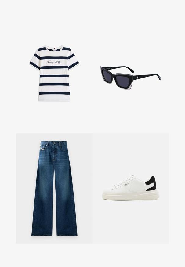 Fehér alapú, vízszintes sötétkék csíkos pamut póló. A mellkason írásos stílusban hímzett "Tommy Hilfiger" felirat. Kerek nyakú.; Sötét mosású, bő szárú farmernadrág. Hagyományos, öt zsebes kialakítással, gombos záródással és enyhe kopással a combon.; Fehér bőr sportcipők vastag fehér talppal, fekete velúr sarokpikkelyel és dombornyomott logóval az oldalon. Fűzős kialakítás, hat fűzőlyukkal.; Fekete, nagyméretű napszemüveg geometrikus formával, sötét lencsékkel és kontrasztos szürke részlettel a kereten. Logó a szárán.
