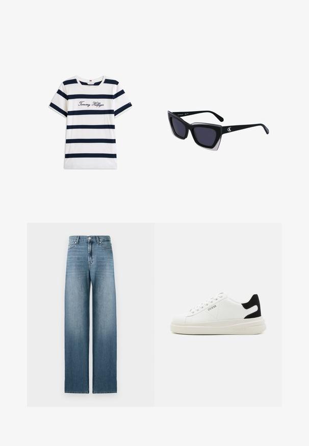 T-shirt en coton avec des rayures horizontales bleu marine sur un fond blanc. "Tommy Hilfiger" brodé en écriture cursive sur la poitrine. Encolure ras du cou.; Jean large bleu clair en denim, avec une taille haute, un design à cinq poches et une légère décoloration le long des jambes.; Baskets en cuir blanc avec une épaisse semelle blanche, un accent en daim noir au niveau du talon et un logo embossé sur le côté. Design à lacets avec six œillets.; Lunettes de soleil noires surdimensionnées avec une forme géométrique, dotées de verres foncés et d'un détail gris contrastant sur la monture. Logo sur la branche.