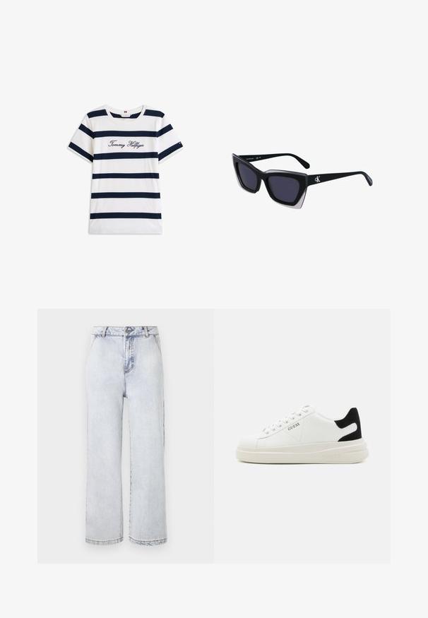 T-shirt in cotone con righe orizzontali blu navy su sfondo bianco. "Tommy Hilfiger" ricamato in corsivo sul petto. Collo a giro.; Jeans in denim azzurro chiaro a gamba larga con vita alta, dotati di chiusura con bottone, orlo dritto e minimale sbiadimento.; Sneaker bianchi in pelle con suola spessa bianca, accento in suede nero sul tallone e logo impresso sul lato. Design con lacci e sei fori per i lacci.; Occhiali da sole oversize neri dalla forma geometrica, con lenti scure e un dettaglio grigio a contrasto sulla montatura. Logo sul braccio.