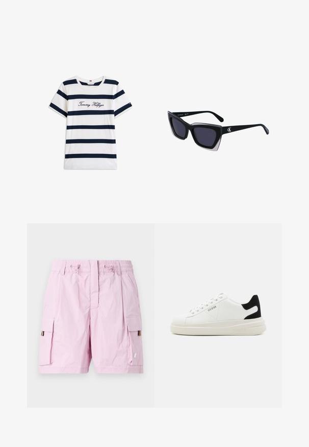 Baltos medvilninės marškinėliai su horizontaliomis tamsiai mėlynomis juostelėmis. Ant krūtinės išsiuvinėtas „Tommy Hilfiger“ rašmuo. Apvalus iškirpimas.; Šviesiai rožiniai kargo šortai su elastingu juosmens diržu, turintys dvi šonines kišenes ir daugiapalvį ženkliuką kairėje pusėje. Lygus paviršius.; Baltos odinės sportbačiai su storu baltu padu, juodu nubuko kulno akcentu ir iškilmingu logotipu šone. Su raišteliais, turinčiais šešis akinius.; Juodos didelės saulės akinių su geometrine forma, turinčiais tamsius objektyvus ir kontrastingą pilką detalę ant rėmelio. Logotipas ant šalon.