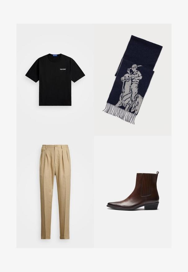 Black cotton t-shirt with a round neckline and short sleeves. Features "POLO SPORT" logo on the left chest in white. Standard fit.; Beige linen trousers with a straight cut, featuring two front pleats, a button closure, and side pockets. Textured fabric with a smooth finish.; Brown leather ankle boot with a pointed toe, elastic side panels, textured detailing on the front, and a low stacked heel.; Navy blue scarf with gray graphic of a polo player on horseback, featuring fringed edges.