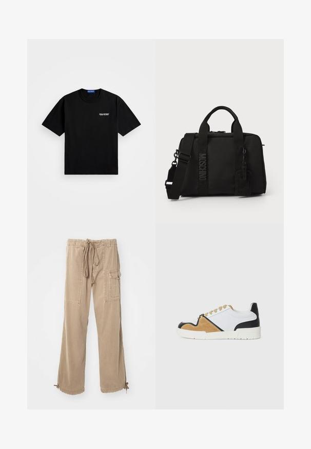 Fekete pamut póló kerek nyakkivágással és rövid ujjakkal. Bal mellen fehér "POLO SPORT" logóval rendelkezik. Normál fazon.; Beige cargo nadrág, húzózsinórral a derékon, széles lábakkal, oldalsó zsebekkel és megkötőkkel az alsón. Puha, tartós pamut anyagból készült.; Fehér textilből készült sneakers, bézs velúrral és fekete bőrcsíkkal kiegészítve, kerek orral, lapos fűzős kialakítással és texturált talppal.; Fekete szövet táska dupla fogantyúval és levehető vállpánttal. Dombornyomott logóval és bőr címkével rendelkezik. Sima textúrájú, téglalap alakú.