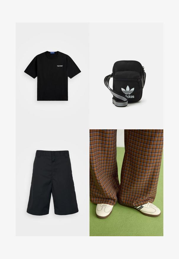 Juodas medvilninis marškinėliai su apvaliu iškirpimu ir trumpomis rankovėmis. Kairėje krūtinės pusėje yra balta "POLO SPORT" logotipas. Standartinio kirpimo.; Juodi šortai iš audinio, turintys tiesų kirpimą, standartinį juosmenį ir be raštų ar matomų detalių.; Rudos ir mėlynos langelinės plačios kelnės, derinamos su baltais batais su juodais akcentais ir tekstūruotais padais, prieš žalią foną.; Juodas audinio per petį nešiojamas krepšys su užtrauktuku, turintis baltą Adidas logotipą ir dryžuotą reguliuojamą diržą patogiam nešiojimui.