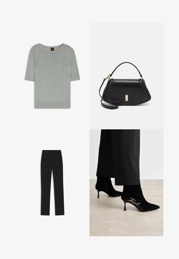 Light gray short-sleeve sweater made of soft knit material. Features a wide neckline and ribbed hem, showcasing a minimalistic design.; Black tailored trousers with a straight-leg design, featuring front pockets and a smooth, textured fabric. Neat, minimal detailing.; Black suede ankle boots with pointed toes, slim heels, and silver "Kowl" detailing on the side. Smooth texture and fitted design.; Black leather handbag with a structured design, featuring a cropped shape, top handle, and gold hardware accent. Adjustable shoulder strap included.