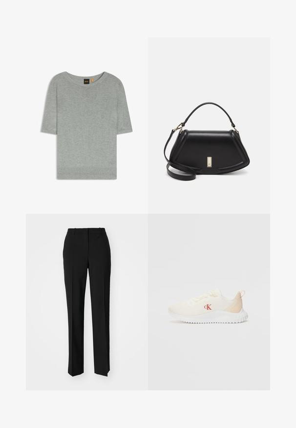 Light gray short-sleeve sweater made of soft knit material. Features a wide neckline and ribbed hem, showcasing a minimalistic design.; Black tailored trousers with a straight-leg design, featuring a smooth texture and crisp creases along the front. No visible hardware.; White mesh sneakers with a textured surface, light beige accents, a raised white sole, and a red "CK" logo on the side.; Black leather handbag with a structured design, featuring a cropped shape, top handle, and gold hardware accent. Adjustable shoulder strap included.