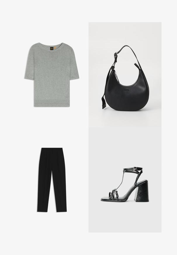 Light gray short-sleeve sweater made of soft knit material. Features a wide neckline and ribbed hem, showcasing a minimalistic design.; Black trousers with a straight fit, featuring double pleats, a smooth texture, and a classic waistband design. No visible hardware or accents.; Black heeled sandals with a shiny patent finish, featuring multiple straps, circular hardware accents, and a chunky square heel.; Black leather shoulder bag with a curved shape, zip closure, and adjustable strap. Features embossed brand logo on the front.