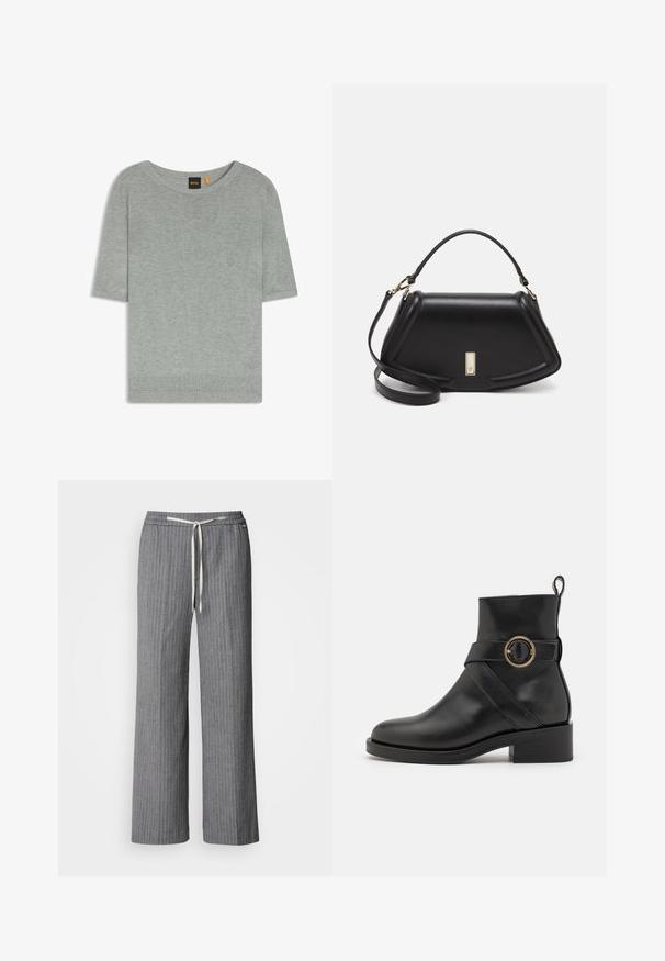 Light gray short-sleeve sweater made of soft knit material. Features a wide neckline and ribbed hem, showcasing a minimalistic design.; Gray pinstriped wide-leg trousers made from textured fabric. Features an elastic waistband with a cream drawstring.; BOSS IRYNA BOOTIE - Platform ankle boots - black; Black leather handbag with a structured design, featuring a cropped shape, top handle, and gold hardware accent. Adjustable shoulder strap included.