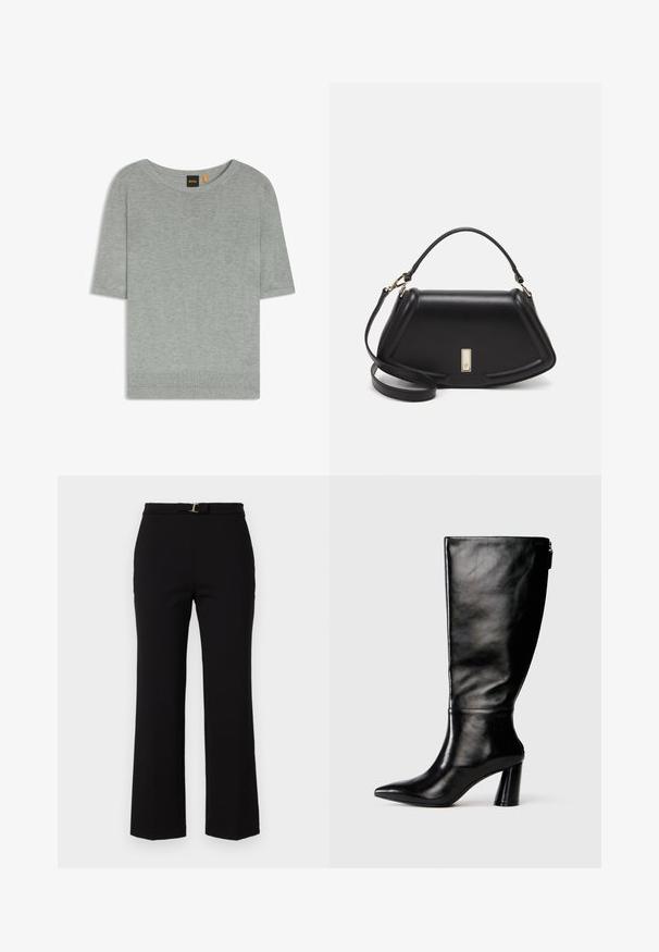 Hellgrauer, kurzärmliger Pullover aus weichem Strickmaterial. Besitzt einen weit geschnittenen Halsausschnitt und einen gerippten Saum und besticht durch ein minimalistisches Design.; Schwarze, hochtaillierte Hosen aus glattem Stoff, mit einem Gürtel mit einer goldenen Schnalle und einem ausgestellten Bein-Design.; Knöchelhohe schwarze Lederstiefel mit einer spitzen Zehe, glatter Oberfläche und einem klobigen Absatz. Verfügt über einen Reißverschluss hinten.; Schwarze Lederhandtasche mit einem strukturierten Design, das eine verkürzte Form, einen oberen Griff und goldfarbene Hardware-Details aufweist. Verstellbarer Schulterriemen ist enthalten.