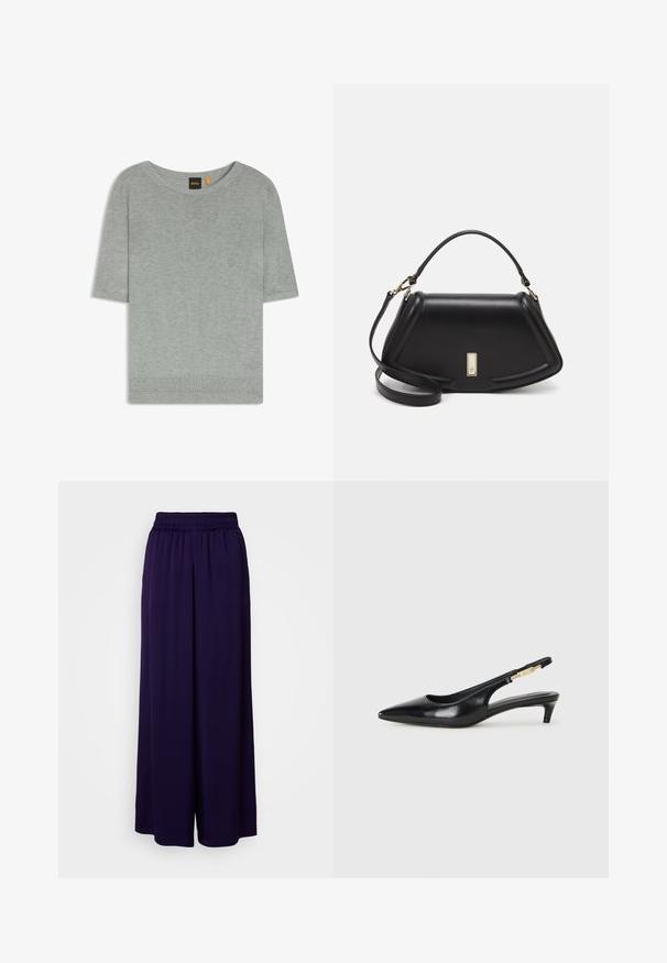 Light gray short-sleeve sweater made of soft knit material. Features a wide neckline and ribbed hem, showcasing a minimalistic design.; Purple, wide-leg trousers with an elastic waistband. Soft fabric with a smooth texture. Floor-length design, suitable for casual wear.; Black leather slingback heels with a pointed toe, featuring a slim heel and a gold-tone accent on the adjustable strap. Smooth texture.; Black leather handbag with a structured design, featuring a cropped shape, top handle, and gold hardware accent. Adjustable shoulder strap included.