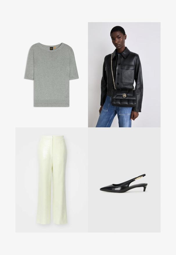 Hellgrauer, kurzärmliger Pullover aus weichem Strickmaterial. Besitzt einen weit geschnittenen Halsausschnitt und einen gerippten Saum und besticht durch ein minimalistisches Design.; Helle gelbe, mit Pailletten besetzte Hose mit weitem Bein, die über eine glatte Textur und einen dezenten Reißverschluss hinten verfügt.; Schwarze Leder-Slingback-Pumps mit spitzem Schuhblatt, ausgestattet mit einem schlanken Absatz und einem goldfarbigen Akzent am verstellbaren Riemen. Glatte Textur.; Schwarze Lederjacke mit Knopfverschluss und zwei vorderen Taschen, kombiniert mit einer schwarzen gesteppte Handtasche mit goldener Schnalle und Kettenriemen.