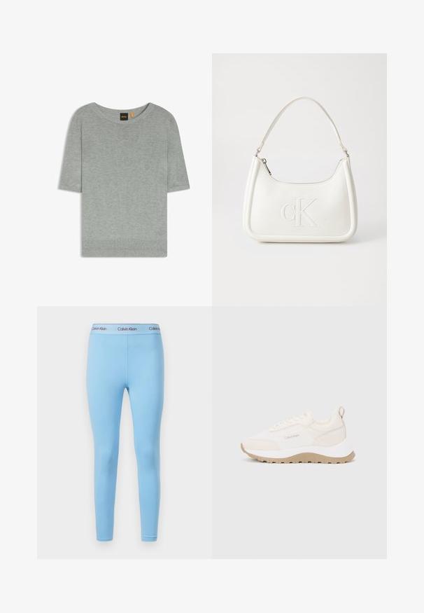 Suéter de manga corta en gris claro, confeccionado con un suave tejido de punto. Presenta un escote ancho y un dobladillo acanalado, mostrando un diseño minimalista.; Leggings azules hechos de una tela suave y elástica, que presentan un color sólido y una cinturilla con el logo de "Calvin Klein" en colores contrastantes.; Zapatillas Calvin Klein en crema y beige con tejido texturizado, suela gruesa, cierre de cordones y un lazo en el talón para facilitar el calzado.; Bolso de mano de cuero blanco con forma curvada, con un logo "CK" en relieve en la parte delantera y una sola correa para el hombro. Cierre de cremallera en la parte superior.