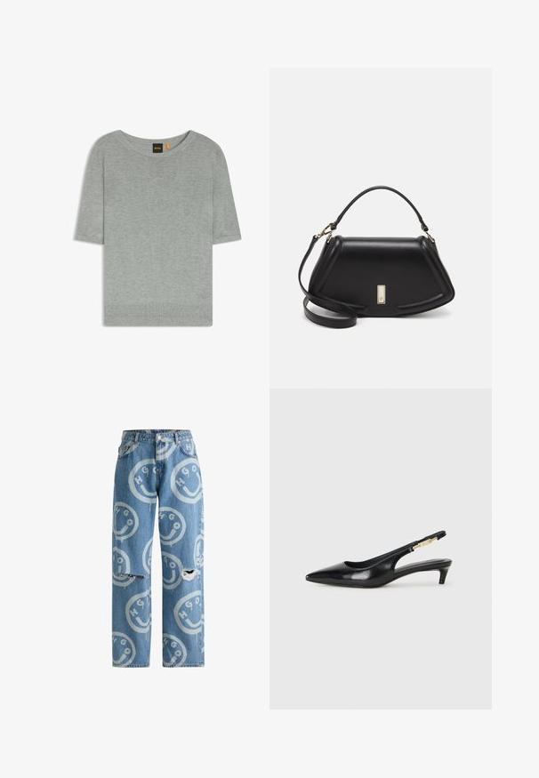 Jasnoszary sweter z krótkim rękawem, wykonany z miękkiego dzianiny. Posiada szeroki dekolt i ribbowany dół, prezentując minimalistyczny design.; Jasnoniebieskie dżinsy o luźnym kroju, z powtarzającym się wzorem uśmiechniętej buźki i logo, ze zniszczeniami na kolanach.; Czarne skórzane szpilki typu slingback z ostrym noskiem, posiadające smukły obcas i złoty akcent na regulowanym pasku. Gładka tekstura.; Czarna skórzana torebka o strukturalnym designie, z przyciętą formą, górnym uchwytem i złotymi akcentami. W zestawie regulowany pasek na ramię.