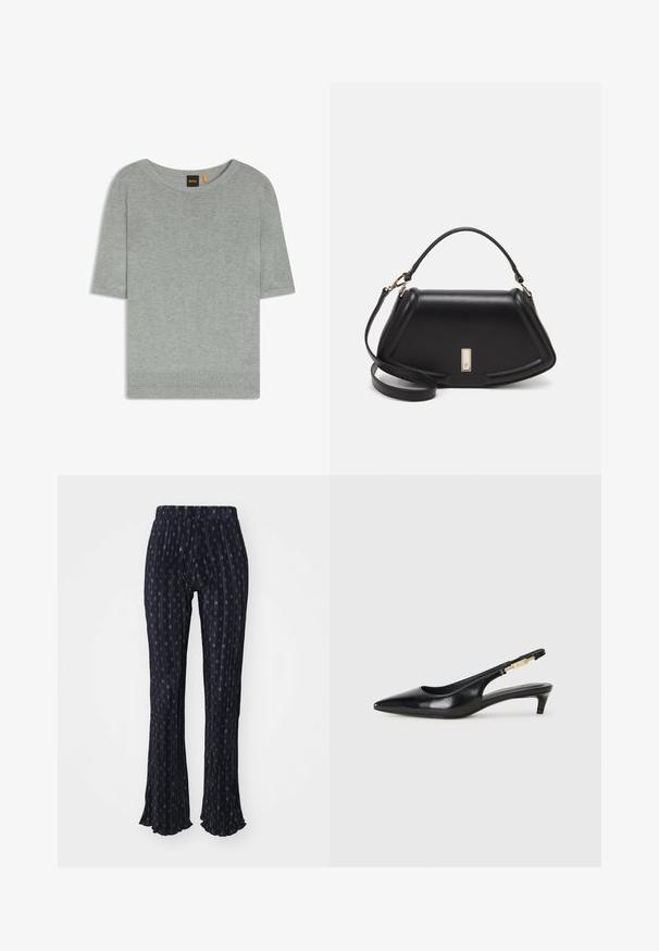 Lichtgrijs kortemouwen trui gemaakt van zacht breimateriaal. Beschikt over een wijde halslijn en een geribde zoom, met een minimalistisch ontwerp.; Marineblauwe broek met een streepjespatroon en kleine ronde designs. Flared zoom, elastische tailleband en geplooide textuur.; Zwarte leren slingback hakken met een spitse neus, voorzien van een slanke hak en een goudkleurige accent op de verstelbare band. Gladde textuur.; Zwarte leren handtas met een gestructureerd ontwerp, featuring een verkorte vorm, bovenhandvat en gouden hardwareaccent. Inclusief verstelbare schouderband.
