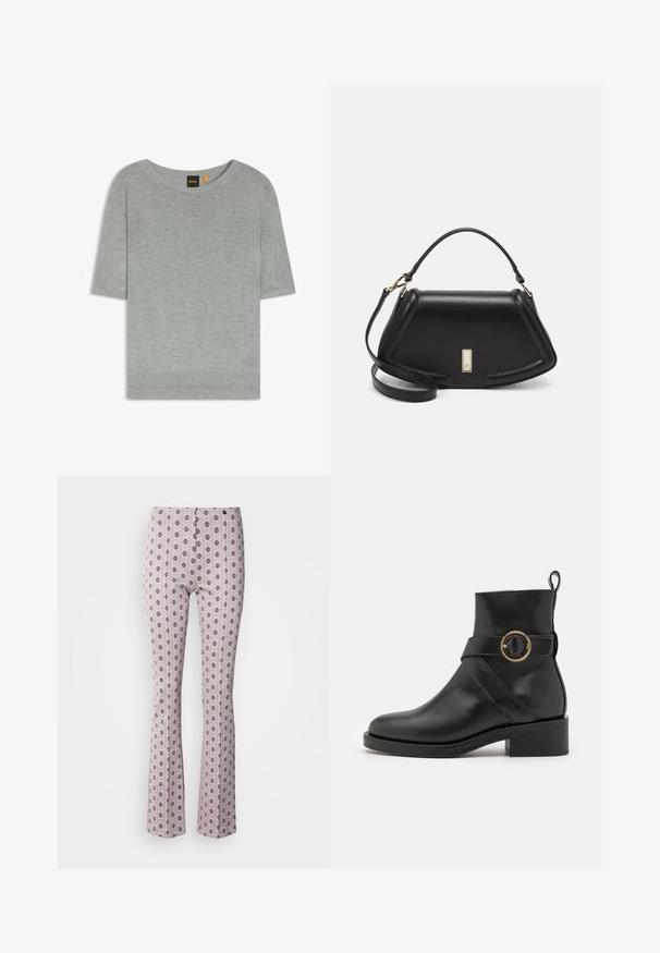Light gray short-sleeve sweater made of soft knit material. Features a wide neckline and ribbed hem, showcasing a minimalistic design.; Flared pants in light pink fabric featuring an intricate circular pattern in black. Structured design with a high waistband and subtle stitching details.; BOSS IRYNA BOOTIE - Platform ankle boots - black; Black leather handbag with a structured design, featuring a cropped shape, top handle, and gold hardware accent. Adjustable shoulder strap included.