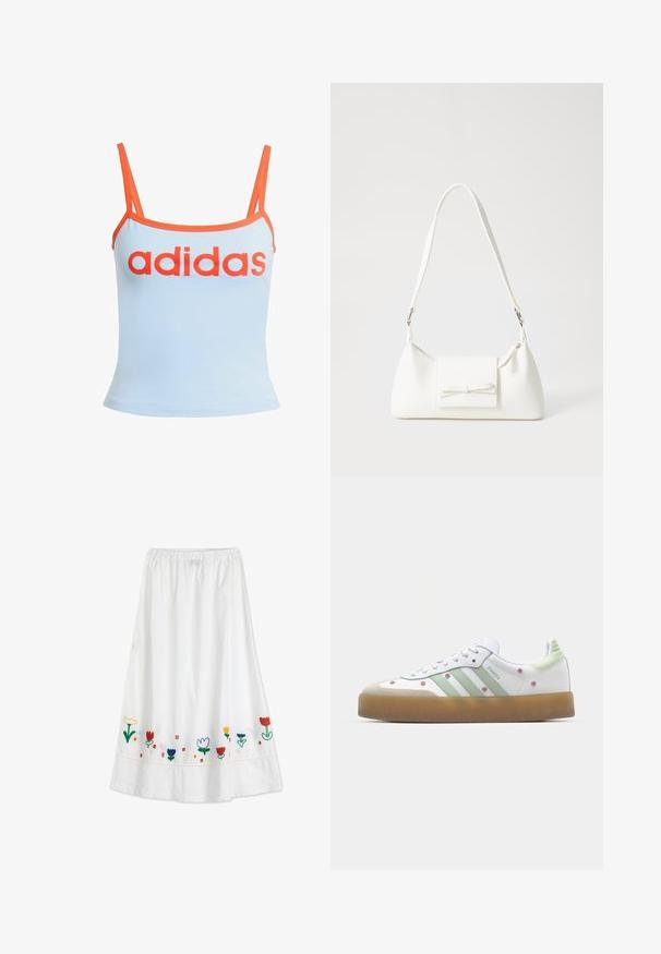 Lichtblauw tanktop met oranje bies, voorzien van een gedurfde rode "adidas" logo over de borst. Gemaakt van zachte, rekbare stof. Dunne bandjes.; Bobo Choses GARDEN
- Maxirok - white; Witte sneaker met groene accenten, drie strepen, bloem borduurwerk en een gumrubberen zool. Heeft een ronde neus en een vetersluiting.; Witte synthetische handtas met een driehoekige vorm, platte voorklep en strikdetail, verstelbare schouderriem, gladde textuur en minimalistisch ontwerp.