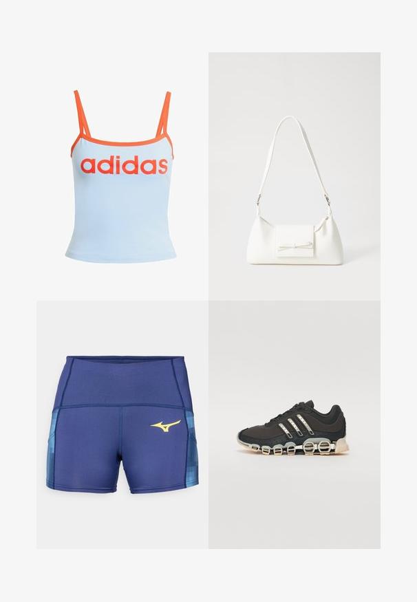 Svetlo modra majica na naramnice z oranžnim robom, ki ima izrazit rdeč logotip "adidas" čez prsa. Narejena je iz mehkega, elastičnega materiala. Tanke naramnice.; Mornarsko modre atletske kratke hlače z teksturiranim modrim dodatkom ob straneh, z rumenim logotipom. Iz naramnice, ki se razteza in odvaja vlago.; Črne športne čevlje z teksturiranim zgornjim delom, tremi srebrnimi črtami in značilno blažilno podplatom, ki vključuje več integriranih delov.; Bela sintetična torbica v obliki trikotnika, z ravnim sprednjim poklopcem in detajlom mašne, nastavljivim trakom, gladko teksturo in minimalističnim dizajnom.